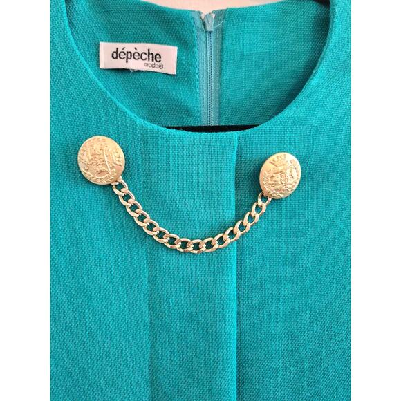 Vintage 1980s Depeche Mode Teal Sheath Dress Gold Button Chain Front Size 10 EUC - Picture 4 of 6